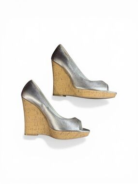Silver Wedge Leather Peep Toe Shoes Size 6